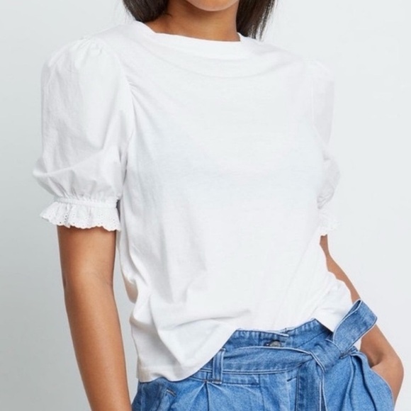Rails Laurel Tee White Large Stretch Short Sleeve Eyelet Puff Sleeves - Picture 1 of 11